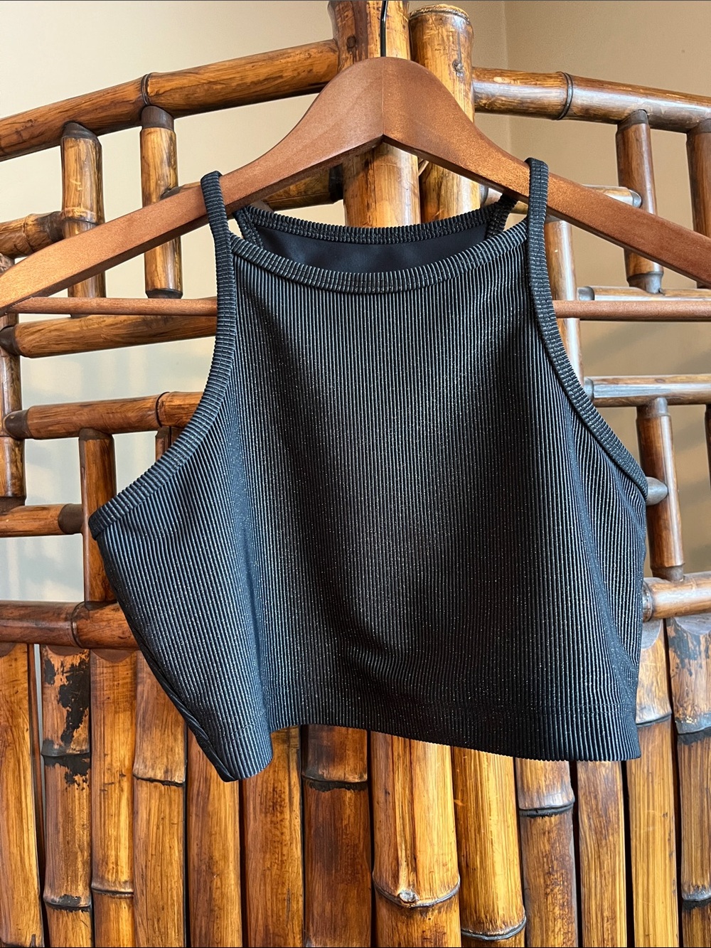 Beach Riot Black Ribbed High-Neck Cropped Tank with Shimmer ✨